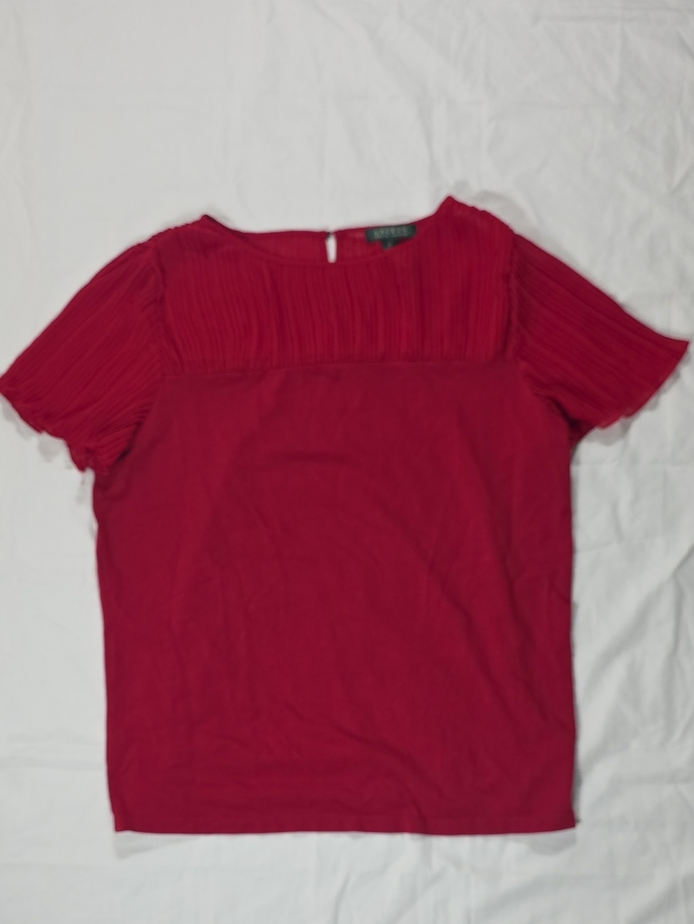 Lauren Ralph Lauren Red Pleated Yoke Short Sleeve Top